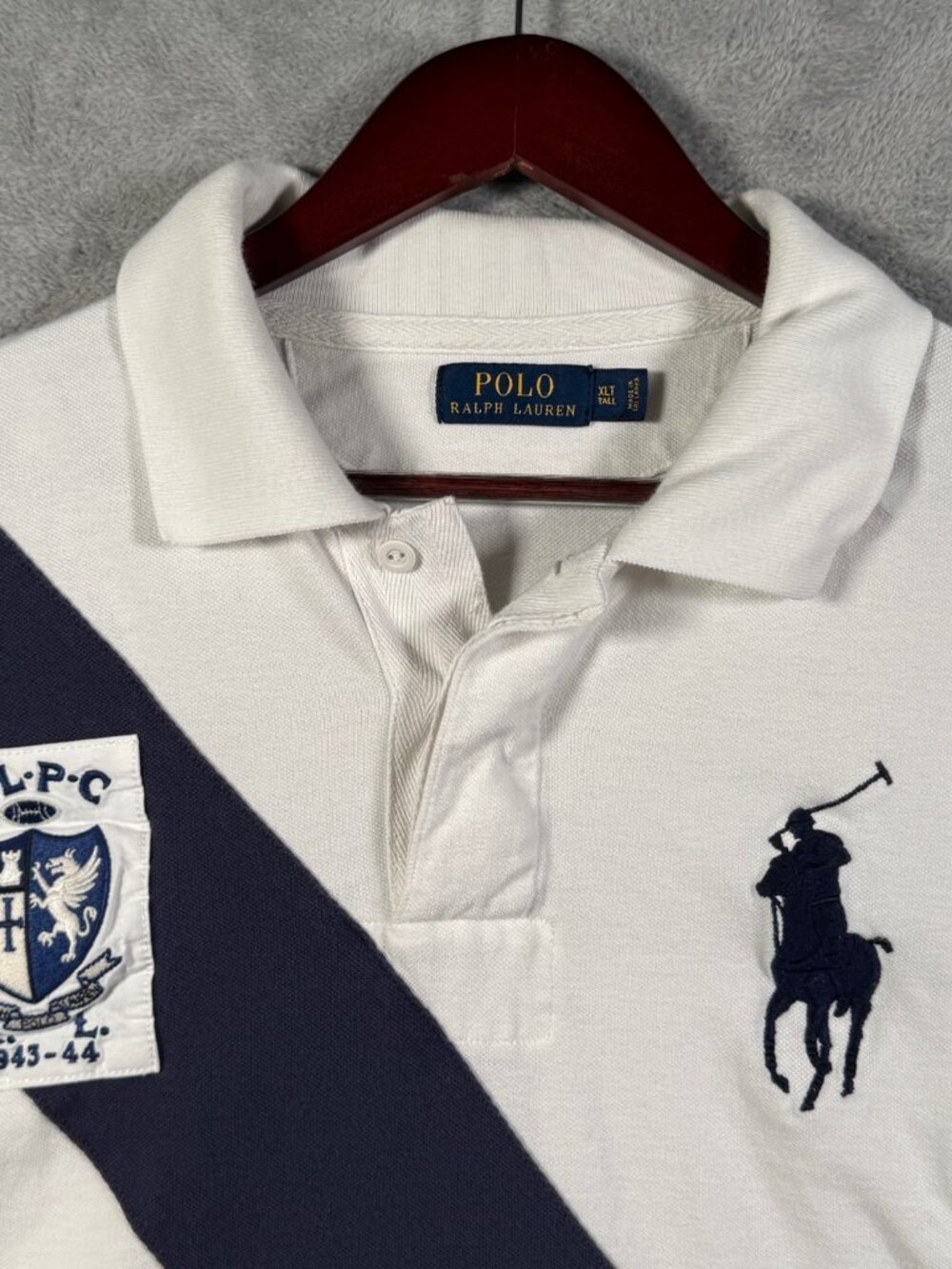 Polo Ralph Lauren Rugby Shirt Mens XLT XL Tall White Navy Big Pony RLPC Crest
